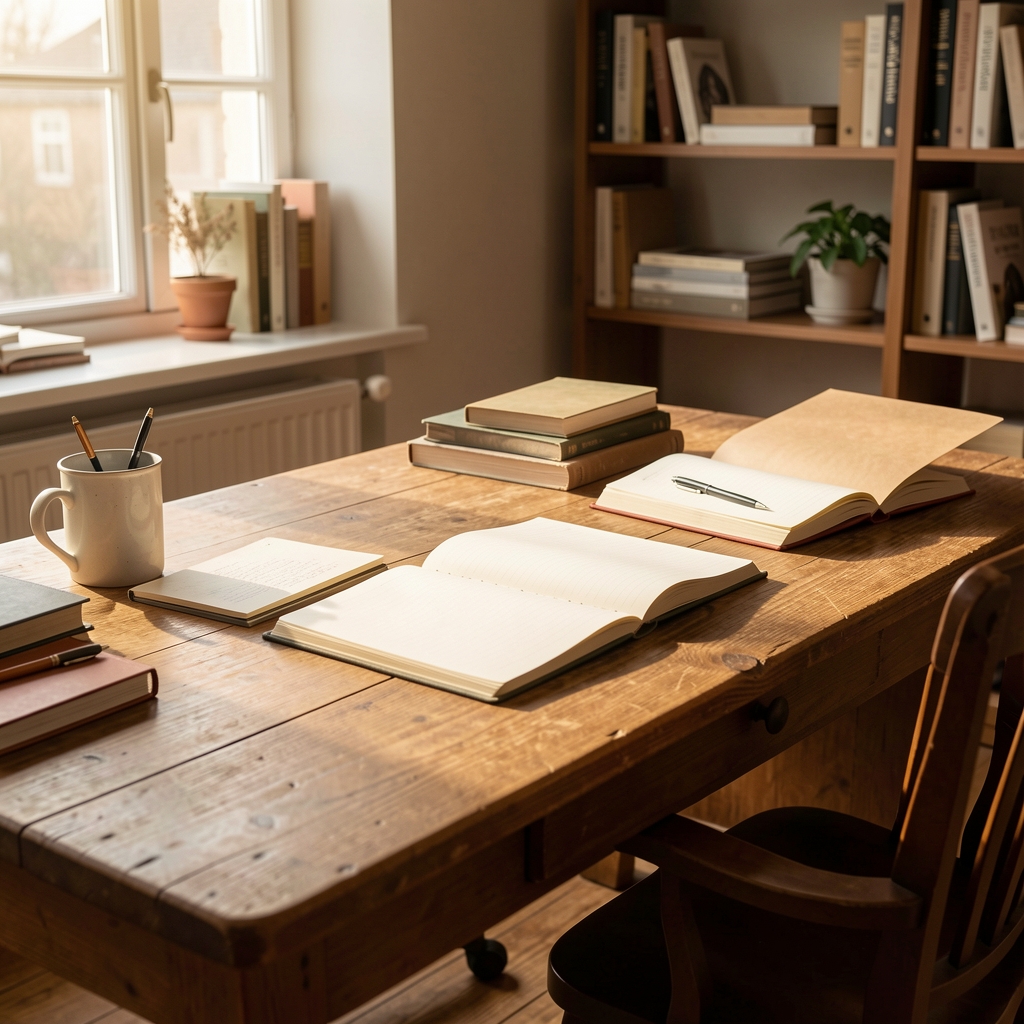 Quiet editorial workspace with natural morning light, a wooden desk, and notebooks open — warm and considered interior in Kuala Lumpur office