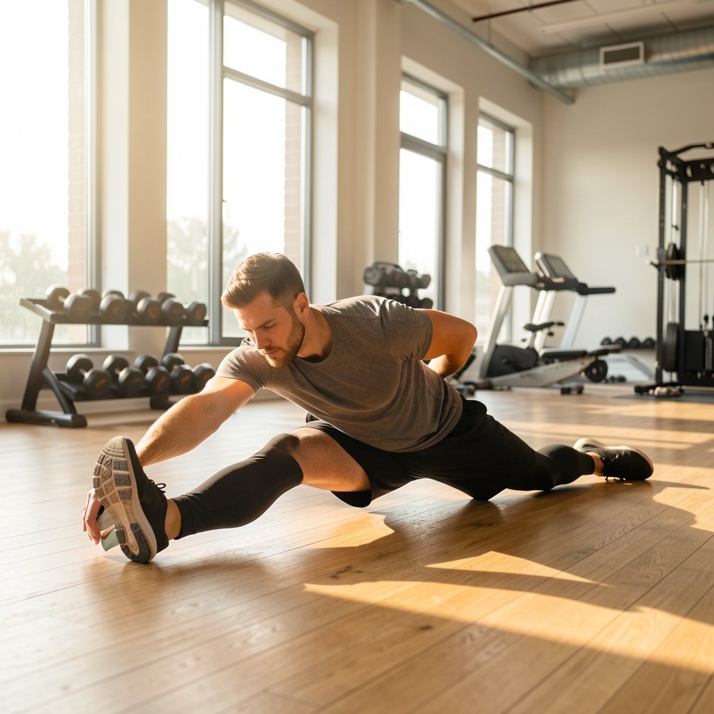 Man stretching on a wooden gym floor in a bright, well-lit training space with natural light coming through large windows in the early morning