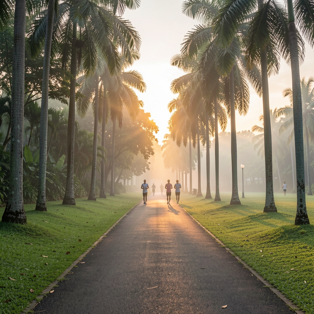 Quiet green park path in Kuala Lumpur at sunrise with morning mist and scattered joggers visible in the distance between tall tropical trees