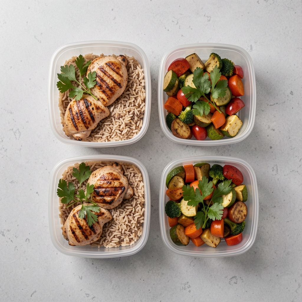 Clean overhead flat lay of meal prep containers with grilled chicken, brown rice, roasted vegetables, and fresh herbs on a light grey kitchen counter