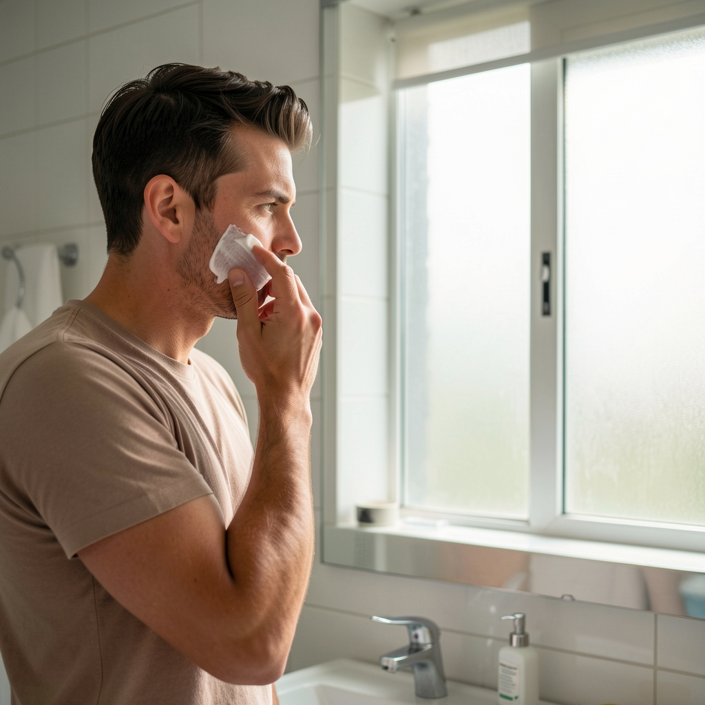 Man in a well-lit bathroom mirror applying moisturiser to his face as part of a morning grooming routine with natural light coming through a frosted window